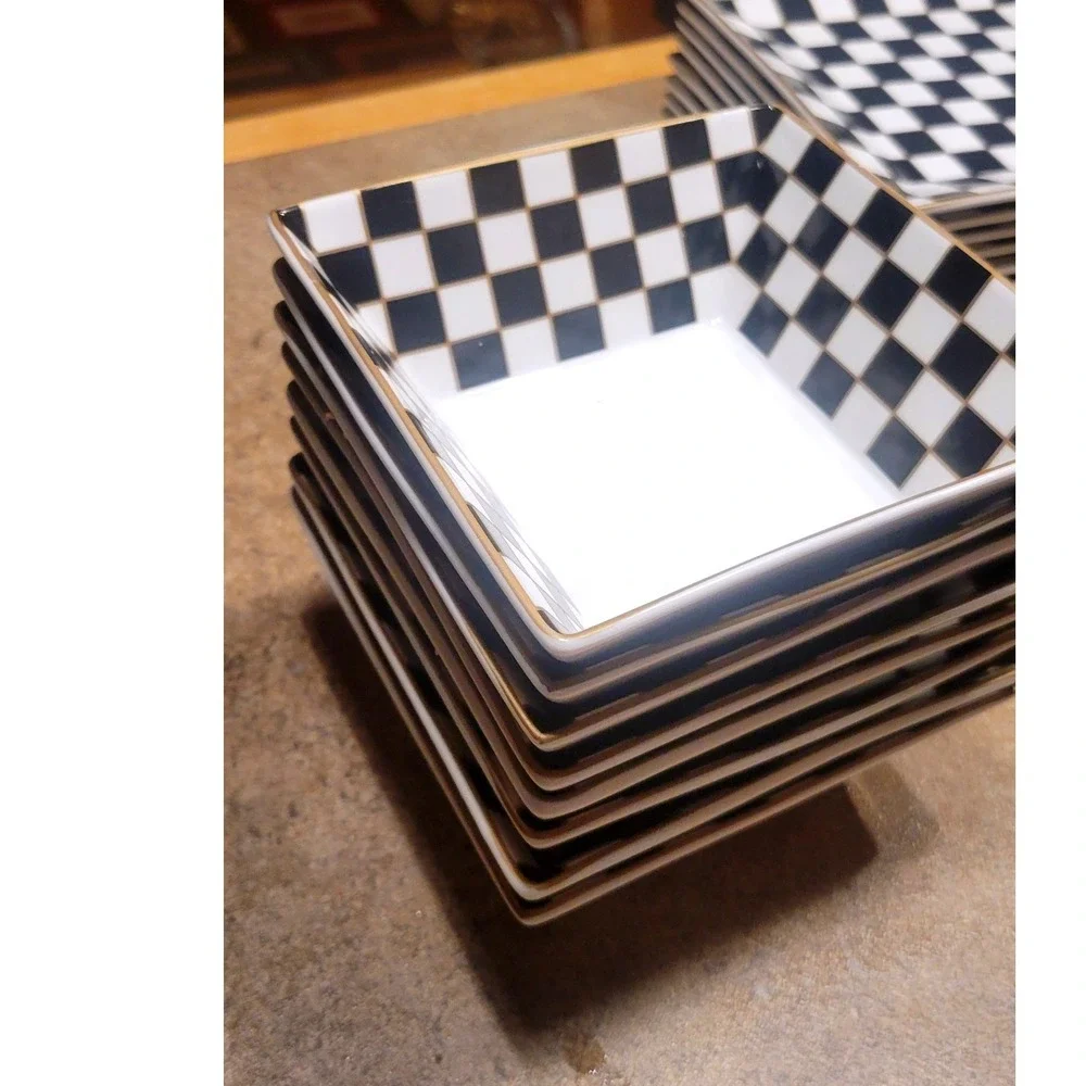 Set of 4 Square Appetizer Dessert Bowls Black White Checkerboard Gold Rimmed - Picture 4 of 4